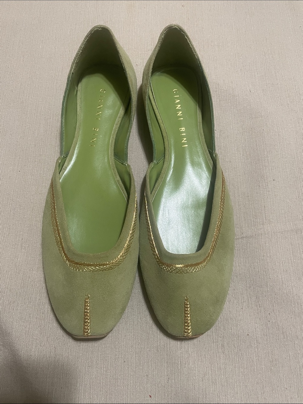 Gianni Bini Light Olive Suede Flats with Gold Accent
